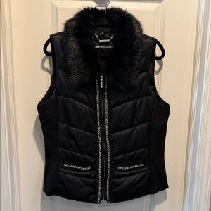 White House Black Market Black Vest with Faux Fur Collar